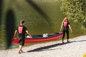 Inflatable kayaks for easy transportation being carried easily