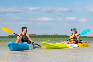 two people paddling feelfree sit on top kayaks