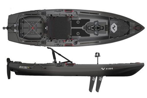 The Vibe Makana 100 X-Drive Fishing kayak shown in the Raven colour