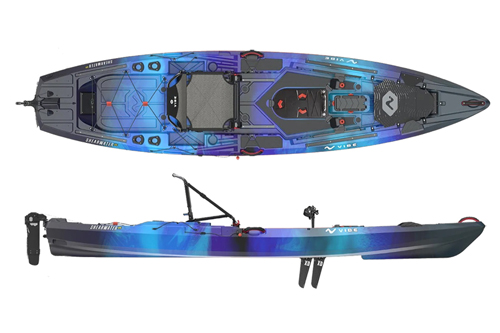 The Vibe Shearwater 125 X-Drive Fishing kayak shown in the Galaxy colour
