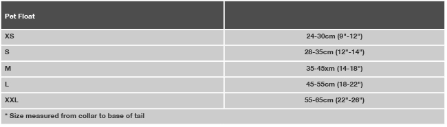 Crewsaver Petfloat size guide