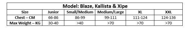Yak Kallista PFD Size Chart