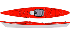 Red short plastic stable touring kayak with white underside