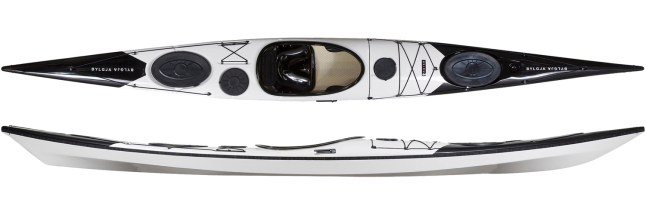 The Norse Bylgja fibreglass sea kayak in the Black/White colour