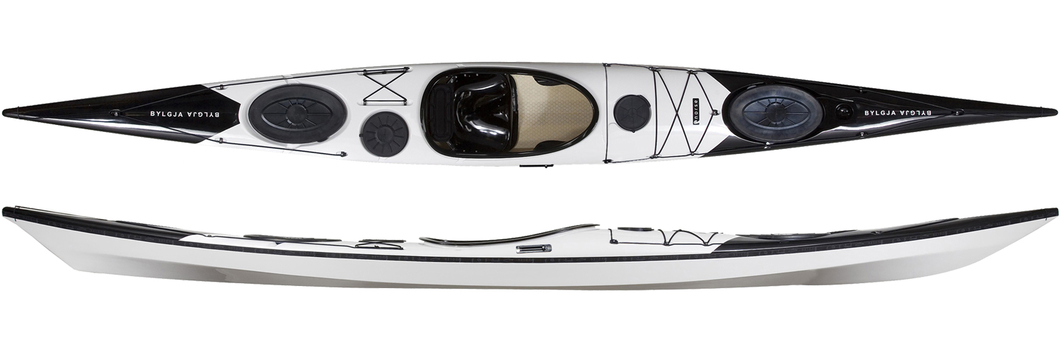 The Norse Bylgja fibreglass sea kayak in the Black/White colour
