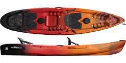 red and black lava coloured two man sit on top from ocean kayak