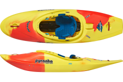 Yelloe and Orange Pyranha short slicey river play kayak