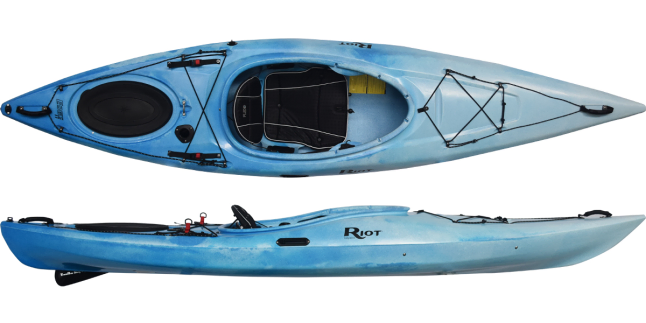 Blue and white blended edge 11 from riot kayaks, short touring kayak