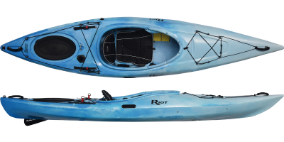 Blue and white blended edge 11 from riot kayaks, short touring kayak
