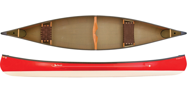 Lightweight composite canoe in red and cream