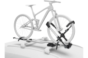 The Thule UpRide 599 secured to the bike's wheel